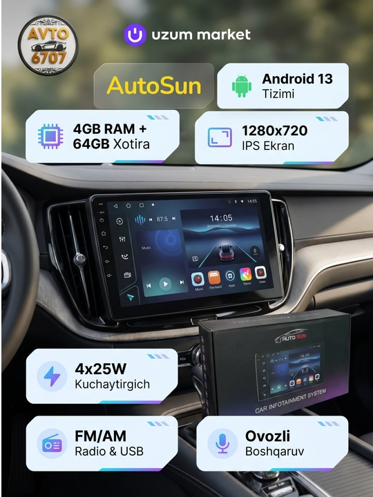 Avtomobil monitor Android 13 TS7 — 4/64GB, IPS 1280x720, GPS, Wi-Fi, 4G