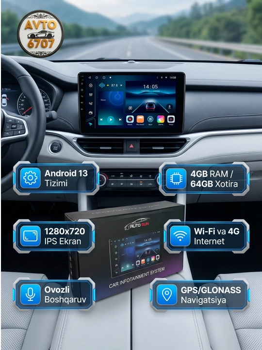 Avtomobil monitor Android 13 TS7 — 4/64GB, IPS 1280x720, GPS, Wi-Fi, 4G