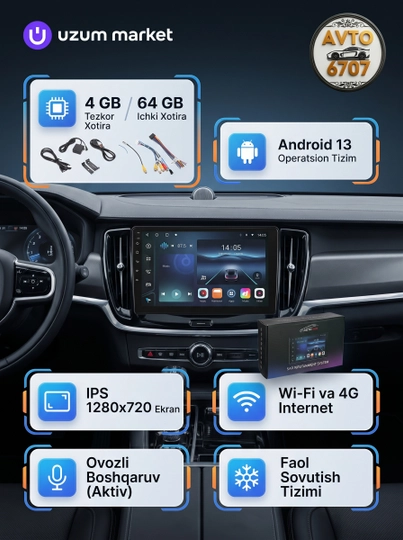 Avtomobil monitor Android 13 TS7 — 4/64GB, IPS 1280x720, GPS, Wi-Fi, 4G