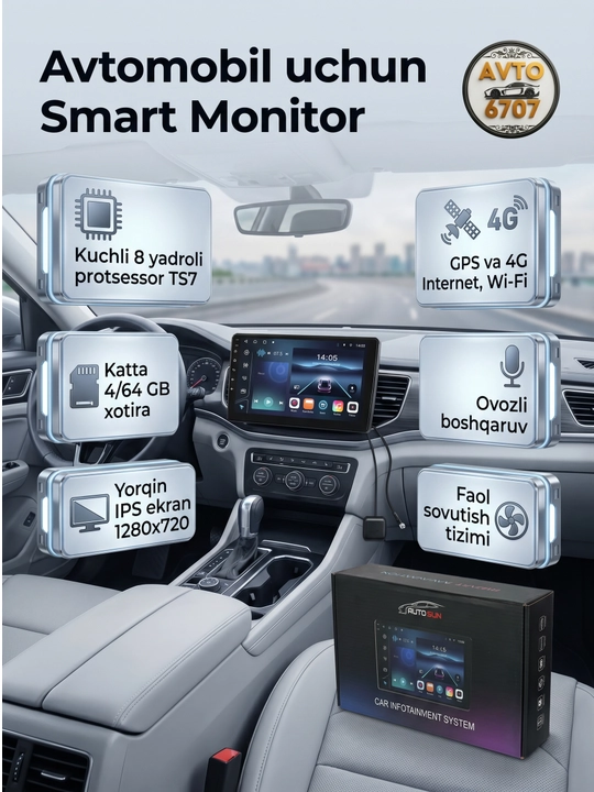 Avtomobil monitor Android 13 TS7 — 4/64GB, IPS 1280x720, GPS, Wi-Fi, 4G