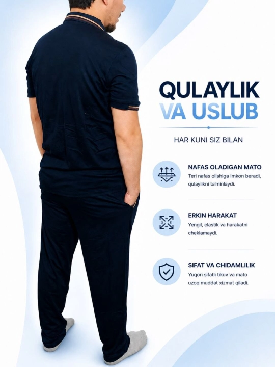 Erkaklar uchun sport dvoyka, polo futbolka va shim komplekti, yozgi qulay dvoyka