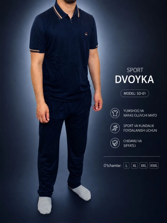 Erkaklar uchun sport dvoyka, polo futbolka va shim komplekti, yozgi qulay dvoyka