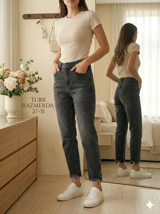 Ayollar jinsi shimi MODA, yuqori belli (high-rise), kalta (cropped), yuvilgan qora