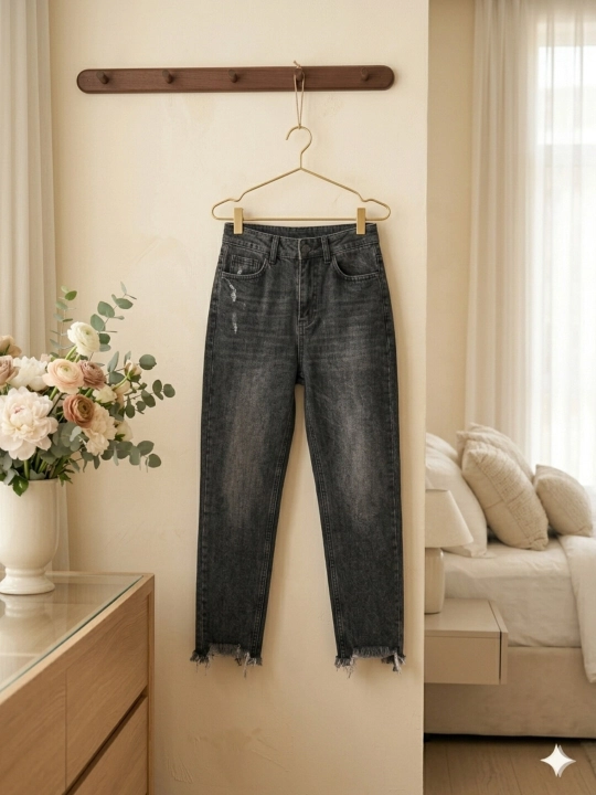 Ayollar jinsi shimi MODA, yuqori belli (high-rise), kalta (cropped), yuvilgan qora