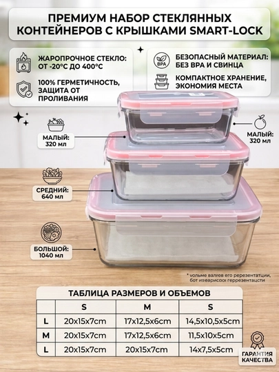 Набор стеклянных контейнеров для хранения продуктов