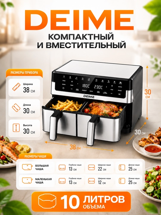 Deime aerogrill, 6, 7, 8, 10 l, yog‘siz qovurish, 1800 Vt quvvatli, ko‘p funksiyali