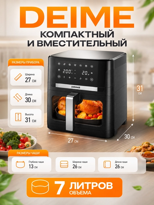 Deime aerogrill, 6, 7, 8, 10 l, yog‘siz qovurish, 1800 Vt quvvatli, ko‘p funksiyali