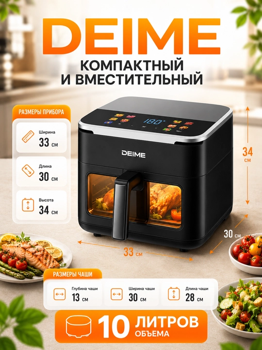 Deime aerogrill, 6, 7, 8, 10 l, yog‘siz qovurish, 1800 Vt quvvatli, ko‘p funksiyali