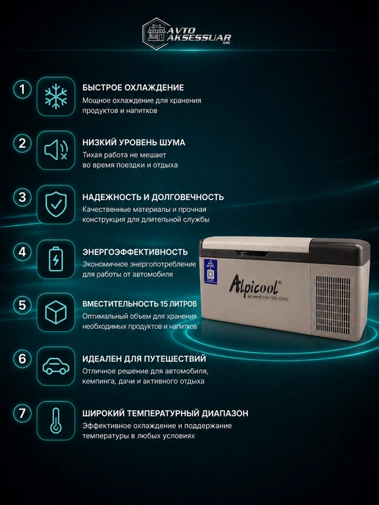 Avto xolodilnik Alpicool portativ avtomobil muzlatgich, kulrang mini holodilnik
