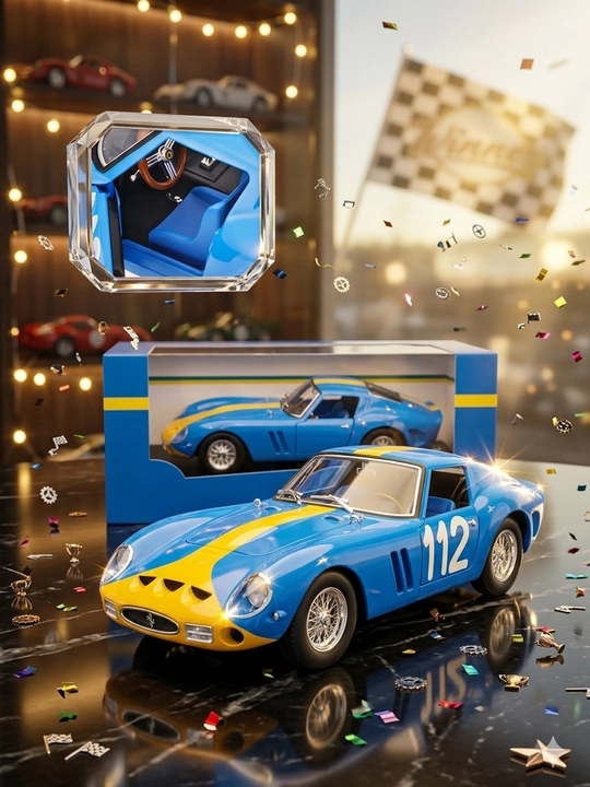 Kolleksion Bburago 1:24 Ferrari 250 GTO modeli — noyob moviy rangdagi poyga mashinasi