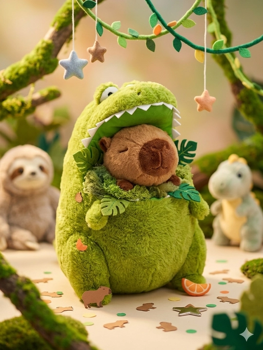 Плюшевый микс: Сонная Капибара в пушистом костюме Крокодила — игрушка-трансформер 2-в-1 - 