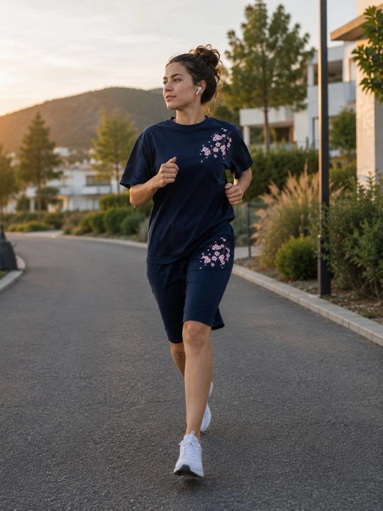 Ayollar uchun yozgi casual uslubdagi komplekt — qulay futbolka va tizzagacha uzun shortik