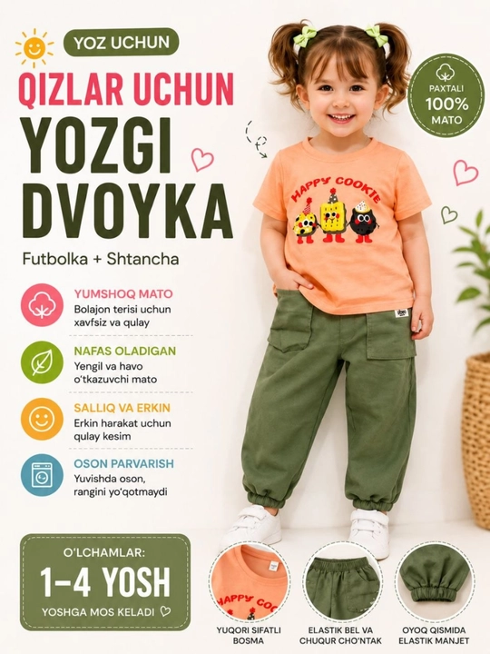 Летний комплект для девочек, футболка и брюки карго, хлопковая детская одежда 2–6 лет