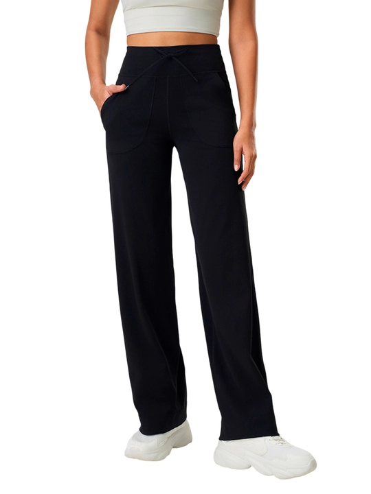 Ayollar uchun keng sport shim, yuqori belli palazzo leggings, bog‘ichli yoga shim