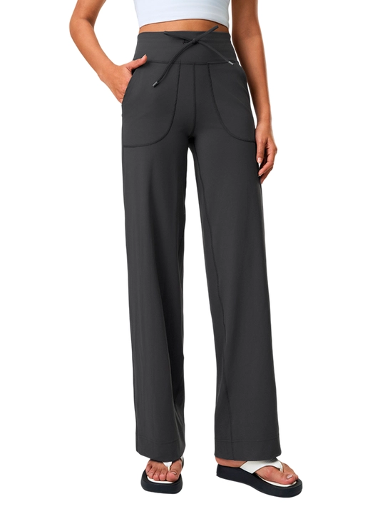 Ayollar uchun keng sport shim, yuqori belli palazzo leggings, bog‘ichli yoga shim