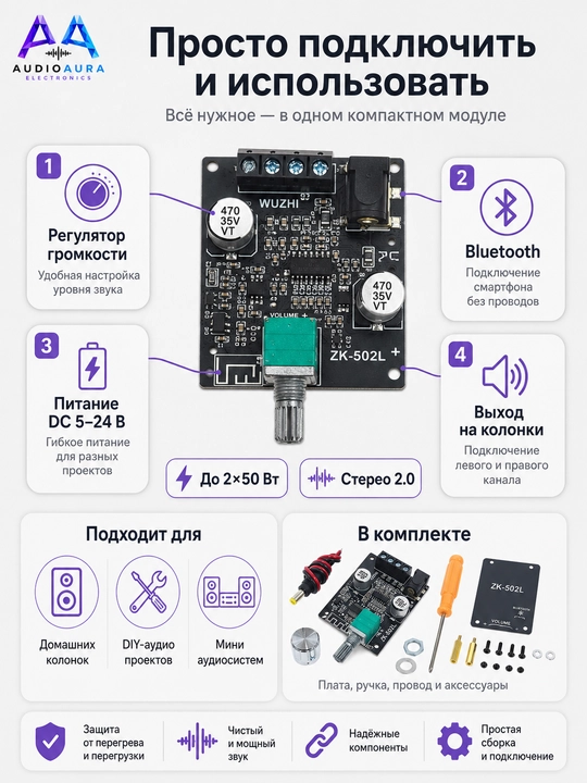 ZK-502L — мини Bluetooth усилитель звука 2×50 Вт, цифровой стерео модуль
