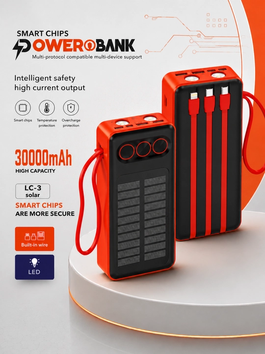 Повербанк 30000mAh с солнечной панелью, встроенными кабелями и LED фонарём LC-3 - 
