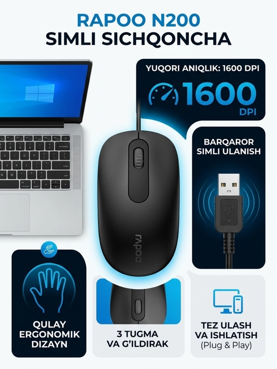 Simli sichqoncha Rapoo N200, Rapoo N1600