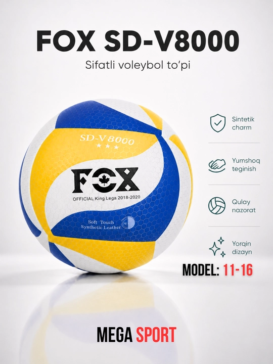 FOX SD-V8000 voleybol to‘pi, yumshoq sintetik charm, sport va mashg‘ulot uchun