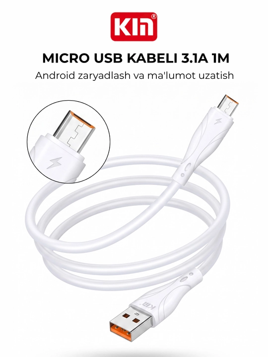 Micro USB kabel KIN KMM01 3.1A tez zaryad, 1 metr, Android telefon va planshet uchun - 