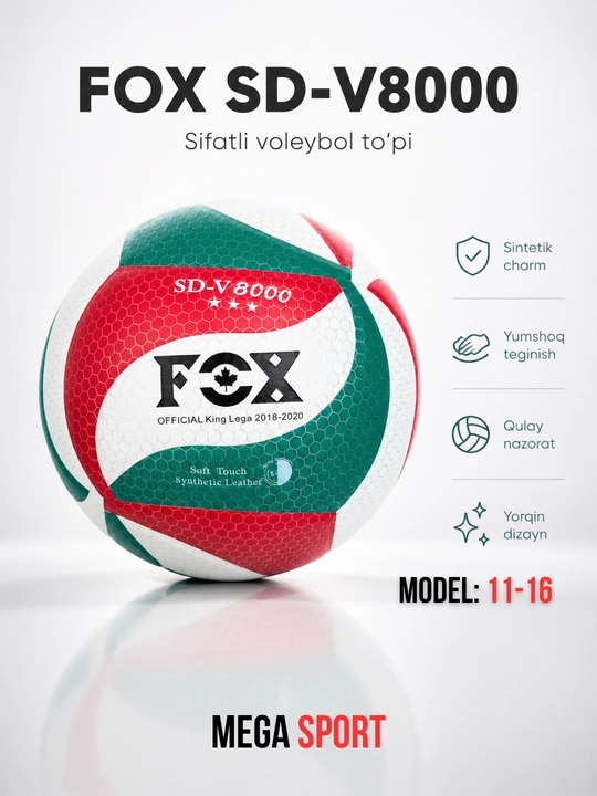 FOX SD-V8000 voleybol to‘pi, yumshoq sintetik charm, sport va mashg‘ulot uchun