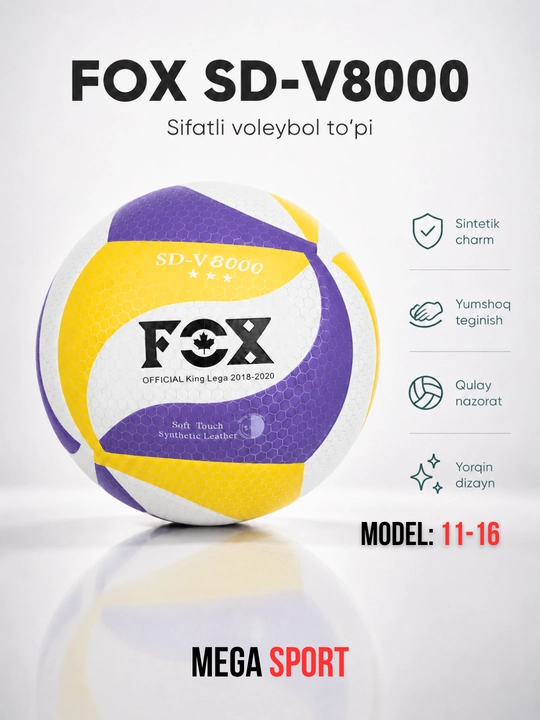 FOX SD-V8000 voleybol to‘pi, yumshoq sintetik charm, sport va mashg‘ulot uchun