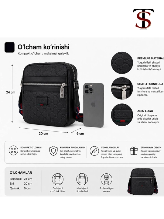 Сумка кросс-боди с логотипом — Современная и компактная, черная кожа