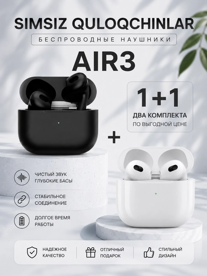 Simsiz quloqchinlar AIR3, sensorli, 1+1 iPhone va Android uchun naushnik - 
