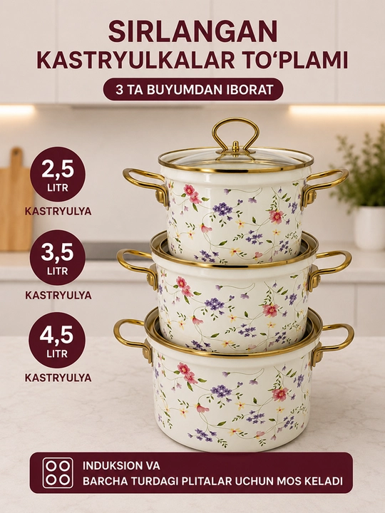 Набор кухонной посуды, эмалированная сталь, 2.5, 3.5, 4.5 л, в подарочной упаковке