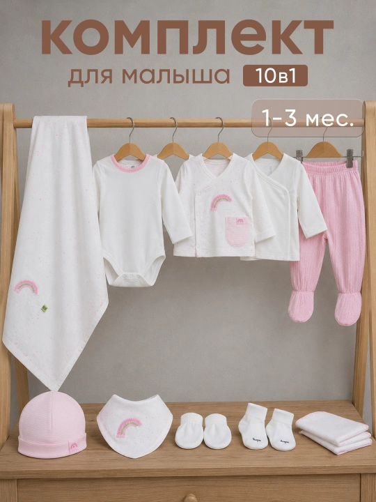 Комплект для новорожденного из 10 предметов. Нательная детская одежда. 1-3 мес - 