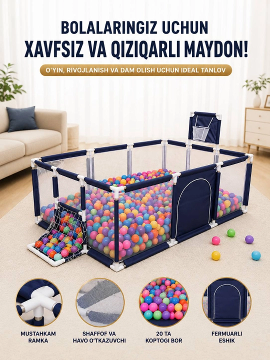 Bolalar uchun manej, quruq basseyn, 10 ta koptok 180x120 sm - 