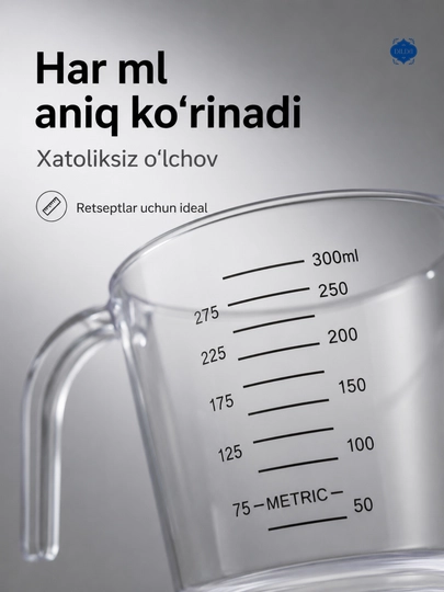 Plastik o‘lchov ko‘zachasi, o‘lchov stakani, sochiluvchan mahsulot va suyuqliklarni o‘lchash uchun idish