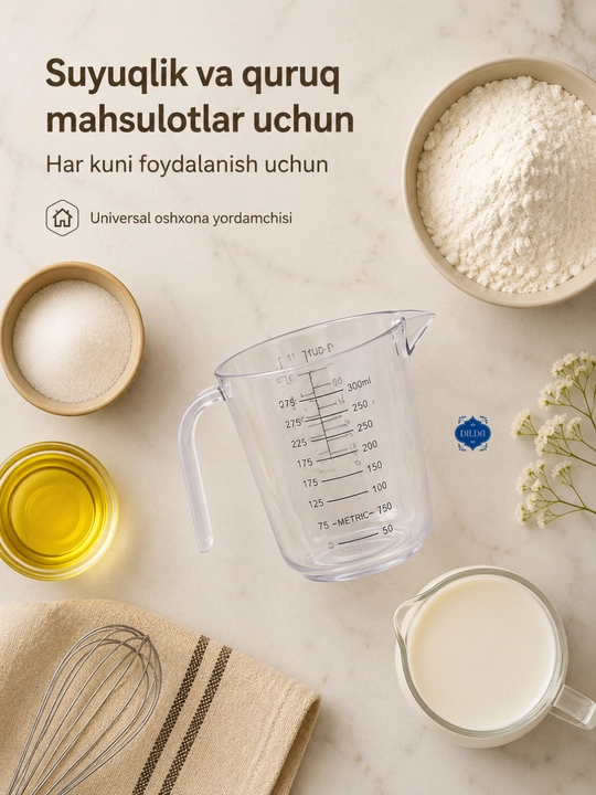 Plastik o‘lchov ko‘zachasi, o‘lchov stakani, sochiluvchan mahsulot va suyuqliklarni o‘lchash uchun idish