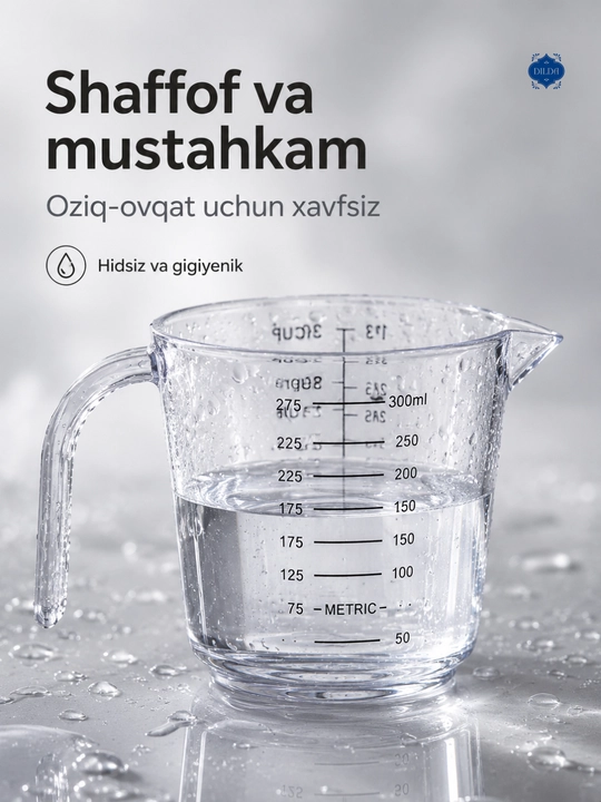 Plastik o‘lchov ko‘zachasi, o‘lchov stakani, sochiluvchan mahsulot va suyuqliklarni o‘lchash uchun idish