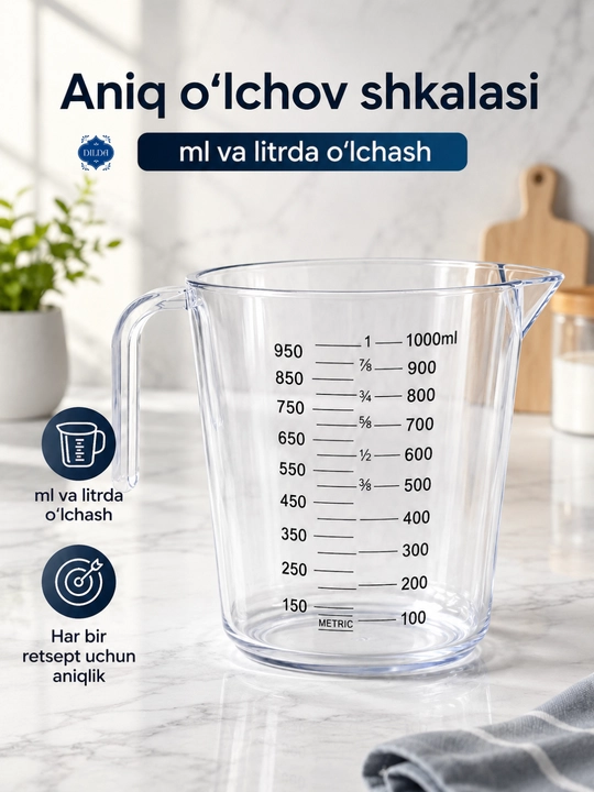 Plastik o‘lchov ko‘zachasi, o‘lchov stakani, sochiluvchan mahsulot va suyuqliklarni o‘lchash uchun idish - 