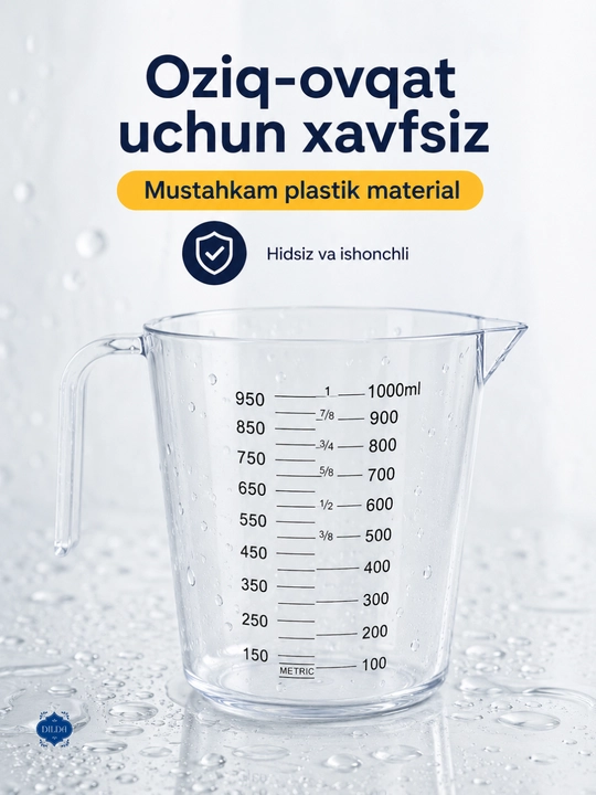 Plastik o‘lchov ko‘zachasi, o‘lchov stakani, sochiluvchan mahsulot va suyuqliklarni o‘lchash uchun idish