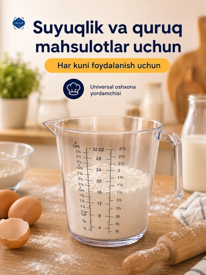 Plastik o‘lchov ko‘zachasi, o‘lchov stakani, sochiluvchan mahsulot va suyuqliklarni o‘lchash uchun idish