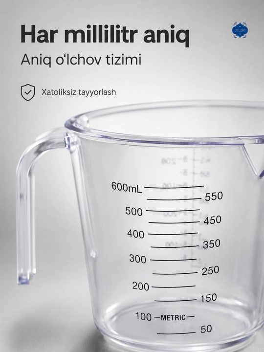 Plastik o‘lchov ko‘zachasi, o‘lchov stakani, sochiluvchan mahsulot va suyuqliklarni o‘lchash uchun idish