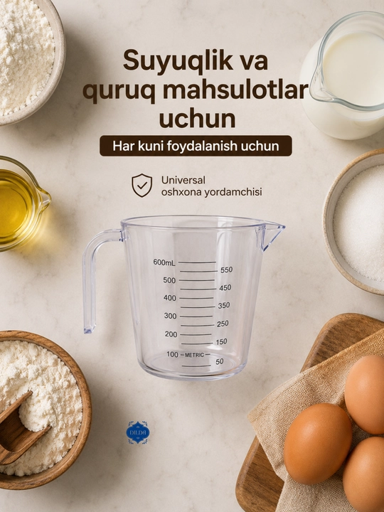 Plastik o‘lchov ko‘zachasi, o‘lchov stakani, sochiluvchan mahsulot va suyuqliklarni o‘lchash uchun idish