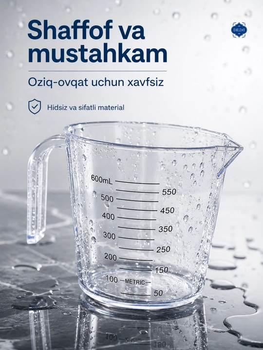 Plastik o‘lchov ko‘zachasi, o‘lchov stakani, sochiluvchan mahsulot va suyuqliklarni o‘lchash uchun idish