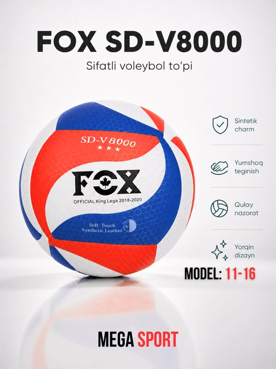 FOX SD-V8000 voleybol to‘pi, yumshoq sintetik charm, sport va mashg‘ulot uchun