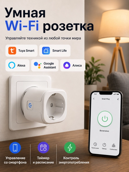 Wi-Fi умная розетка (16A/20A), мобильное и голосовое управление, таймер - 