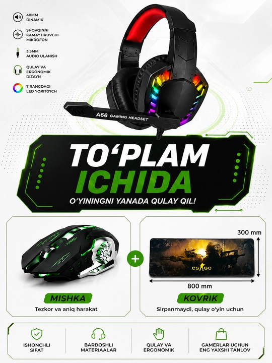 Gaming quloqchina A66+ RGB mishka + katta kovrik to‘plami
