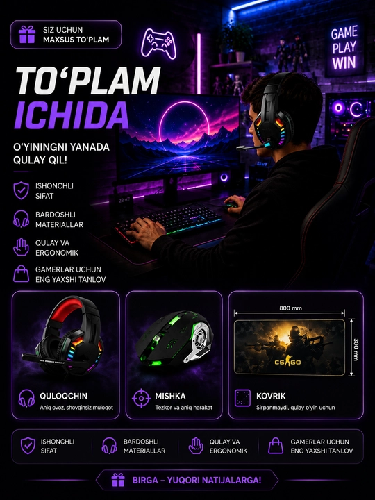 Gaming quloqchina A66+ RGB mishka + katta kovrik to‘plami