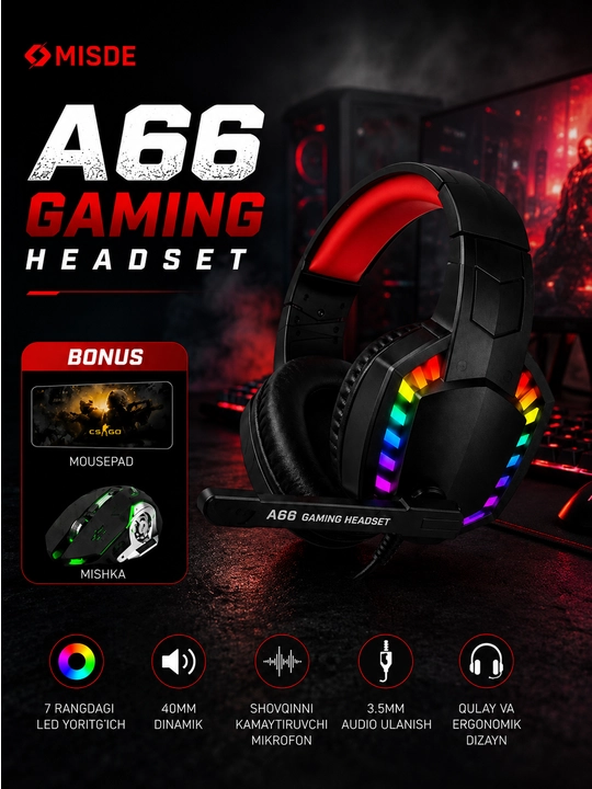 Игровая гарнитура A66+, мышь RGB + большой коврик в комплекте - 