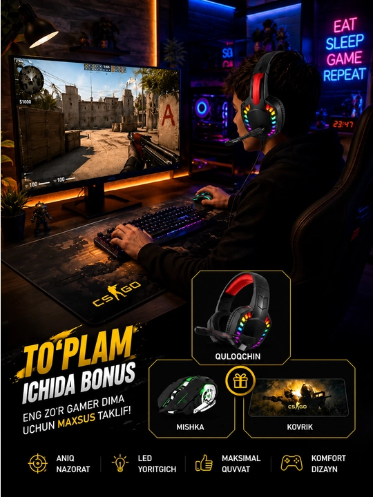 Gaming quloqchina A66+ RGB mishka + katta kovrik to‘plami