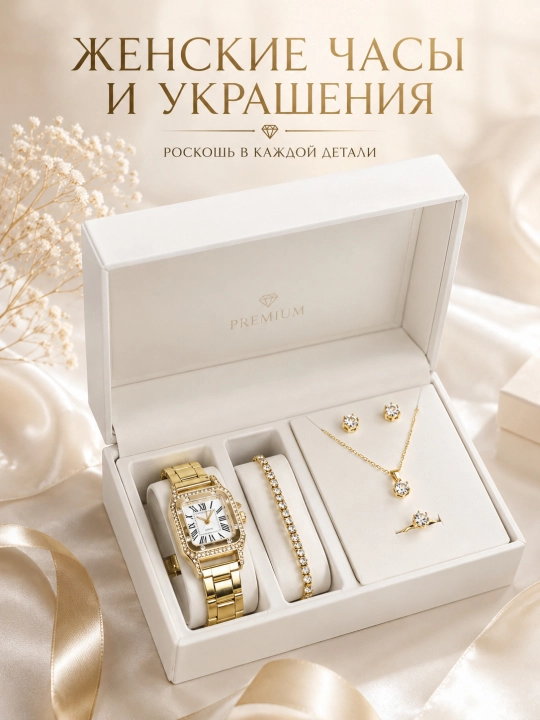 Комплект украшений, бижутерия, часы, колье, кольцо и серьги, подарок для женщин - 