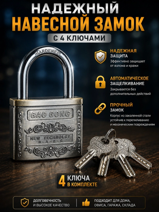 Навесной замок BAO GONG с автоматическим закрыванием и 4 ключами - 