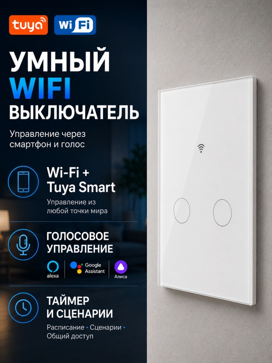 Умный сенсорный Wi-Fi+RF 433МГц выключатель света, Tuya Smart Life - 