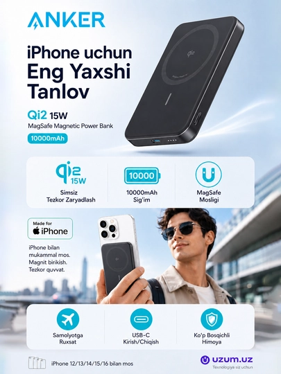 Anker MagGo Qi2 Magnit Powerbank 10000mAh 15W MagSafe iPhone 16/15/14/13/12 uchun 10